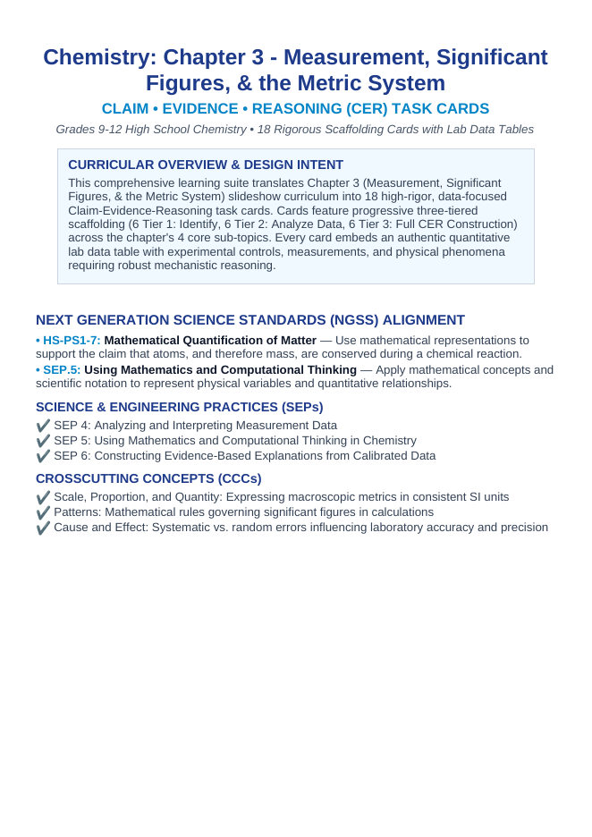 Measurement, Significant Figures, & the Metric System CER Task Cards sample page