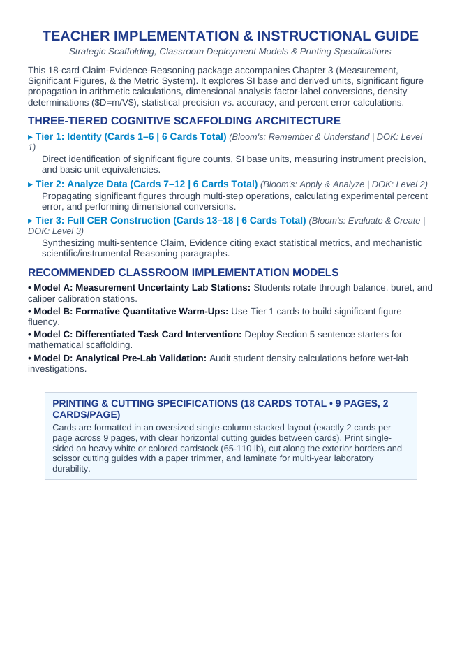 Measurement, Significant Figures, & the Metric System CER Task Cards sample page