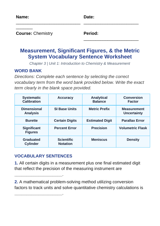 Measurement, Significant Figures, & the Metric System Fill-in-the-Blank Vocabulary Worksheet sample page
