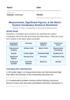Measurement, Significant Figures, & the Metric System Fill-in-the-Blank Vocabulary Worksheet sample page