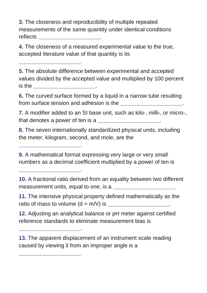 Measurement, Significant Figures, & the Metric System Fill-in-the-Blank Vocabulary Worksheet sample page