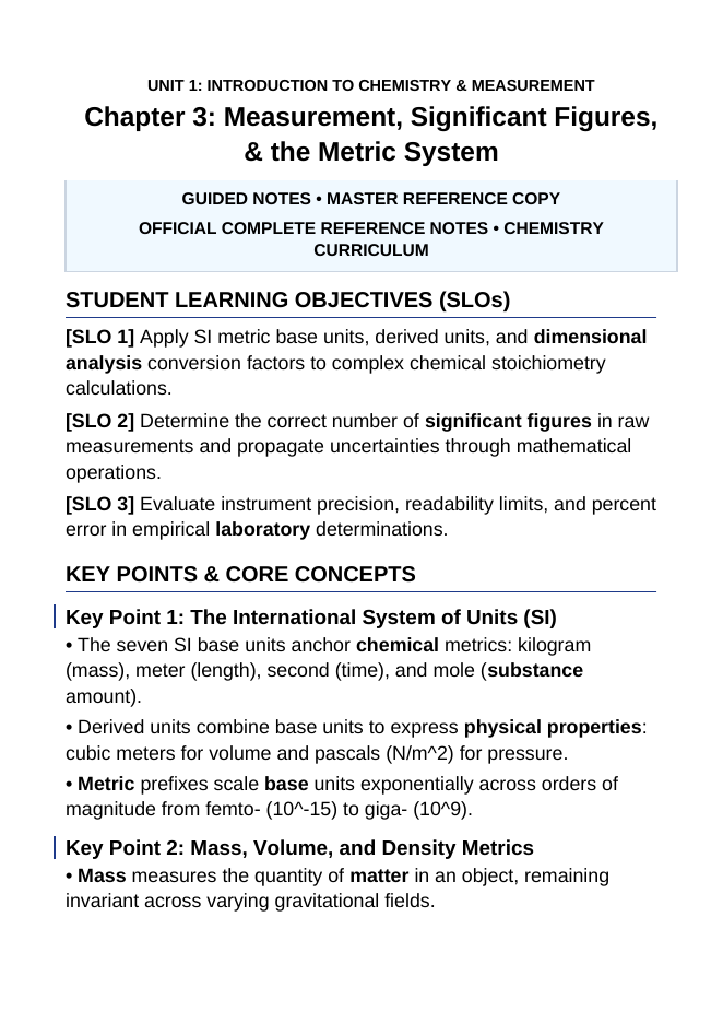 Measurement, Significant Figures, & the Metric System Guided Notes sample page
