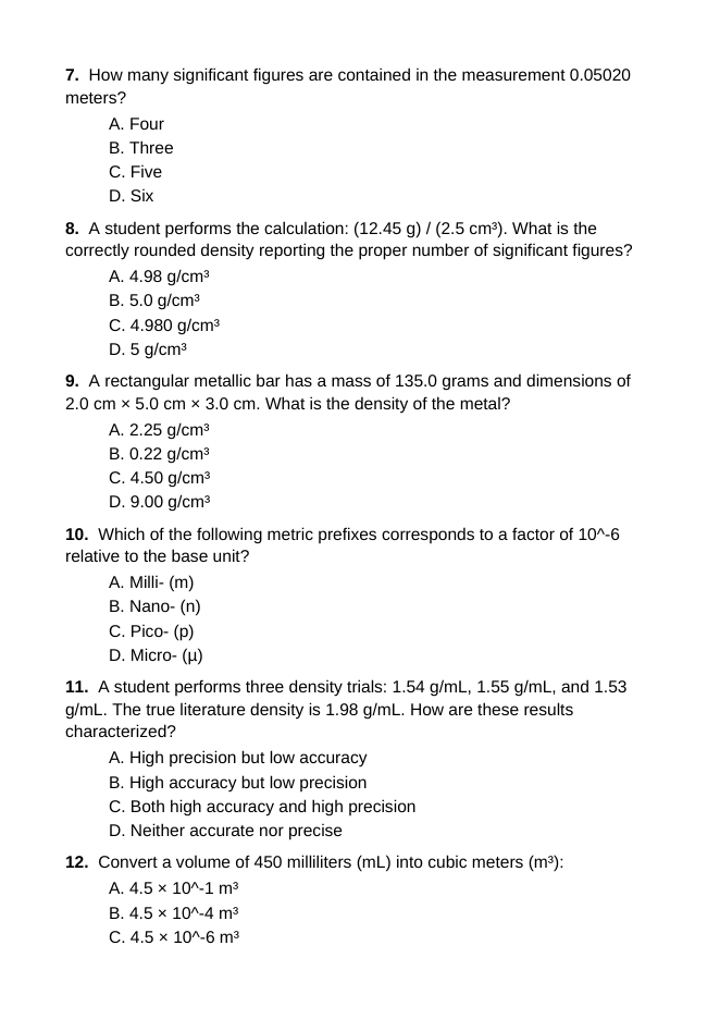 Measurement, Significant Figures, & the Metric System Lesson Quiz sample page