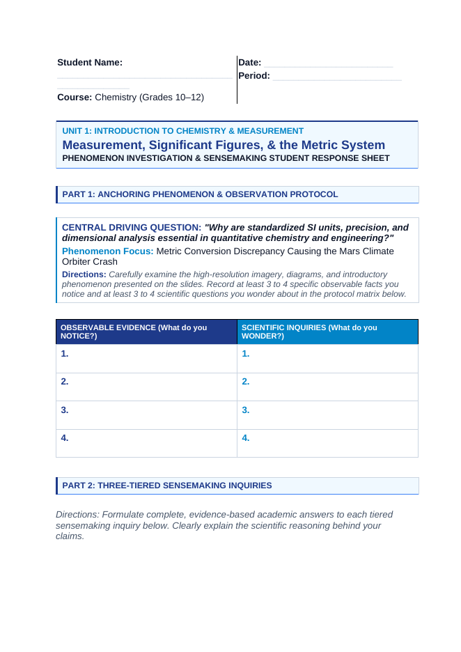 Measurement, Significant Figures, & the Metric System Phenomena-Based Lesson: Metric Conversion Discrepancy Causing the Mars Climate Orbiter Crash Student Response Sheet sample page