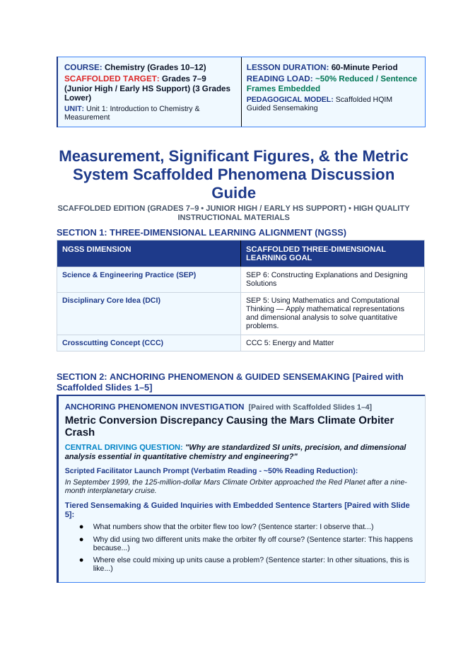 Measurement, Significant Figures, & the Metric System Scaffolded Phenomena-Based Lesson: Metric Conversion Discrepancy Causing the Mars Climate Orbiter Crash Teacher Discussion Guide sample page