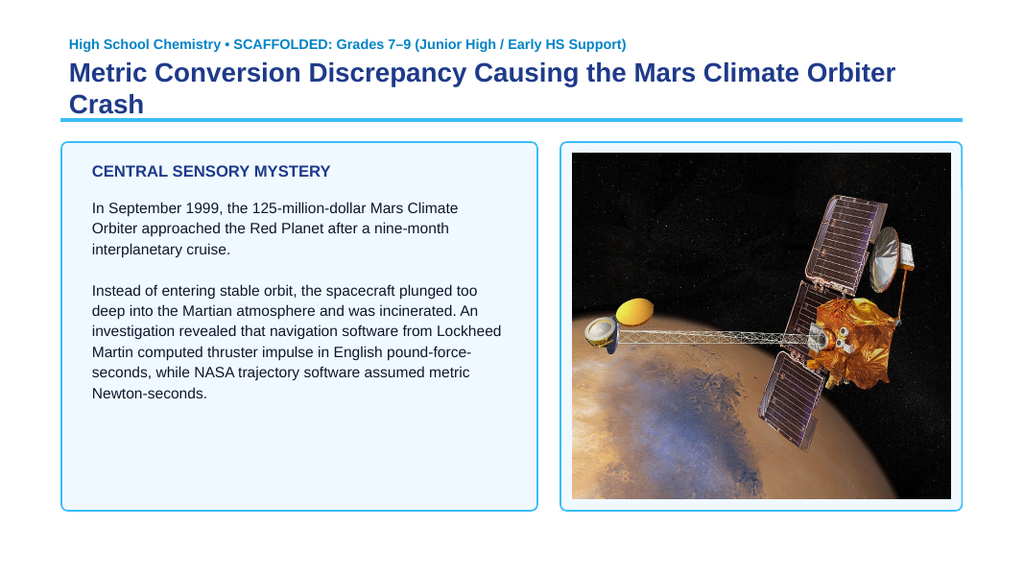 Measurement, Significant Figures, & the Metric System Scaffolded Phenomena-Based Lesson: Metric Conversion Discrepancy Causing the Mars Climate Orbiter Crash Presentation sample page