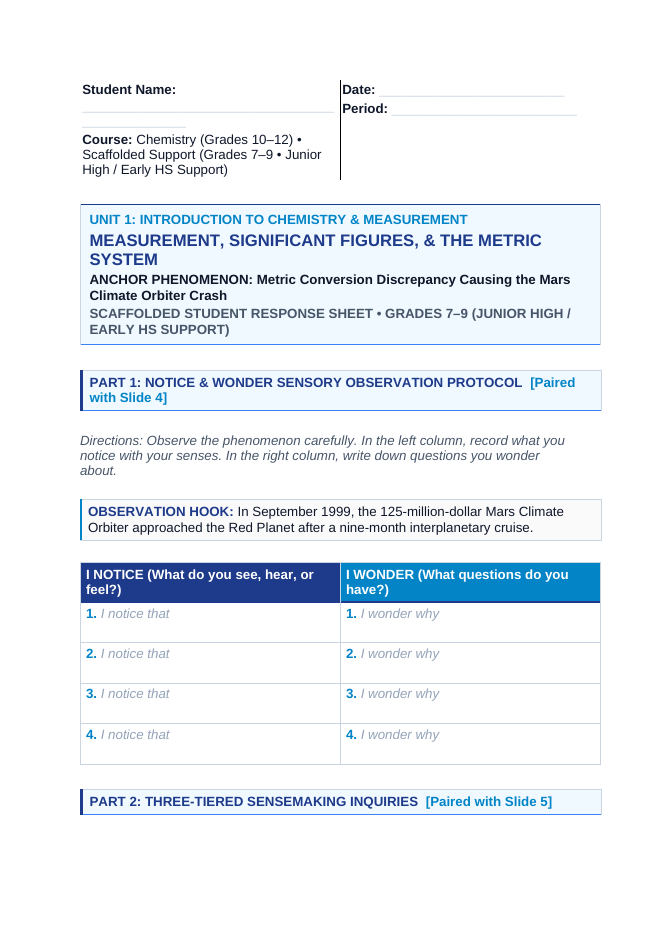 Measurement, Significant Figures, & the Metric System Scaffolded Phenomena-Based Lesson: Metric Conversion Discrepancy Causing the Mars Climate Orbiter Crash Student Response Sheet sample page