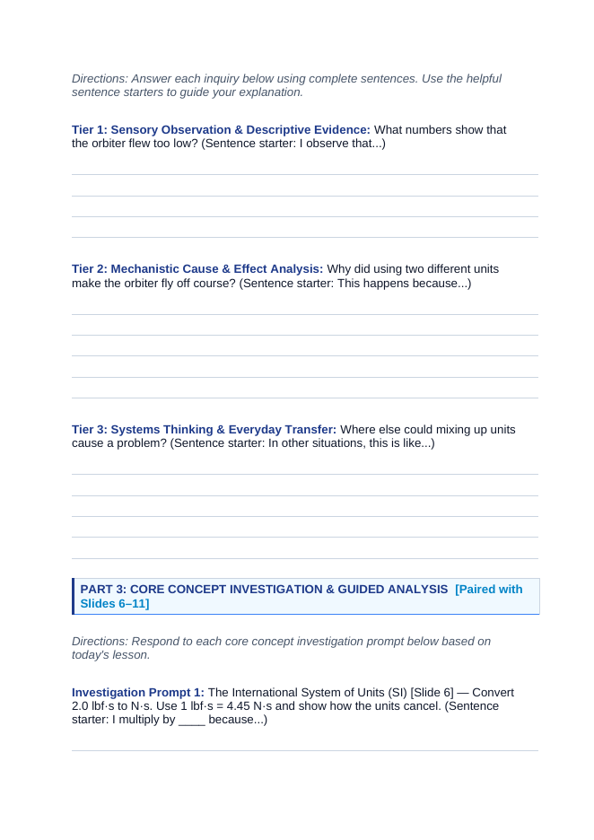 Measurement, Significant Figures, & the Metric System Scaffolded Phenomena-Based Lesson: Metric Conversion Discrepancy Causing the Mars Climate Orbiter Crash Student Response Sheet sample page