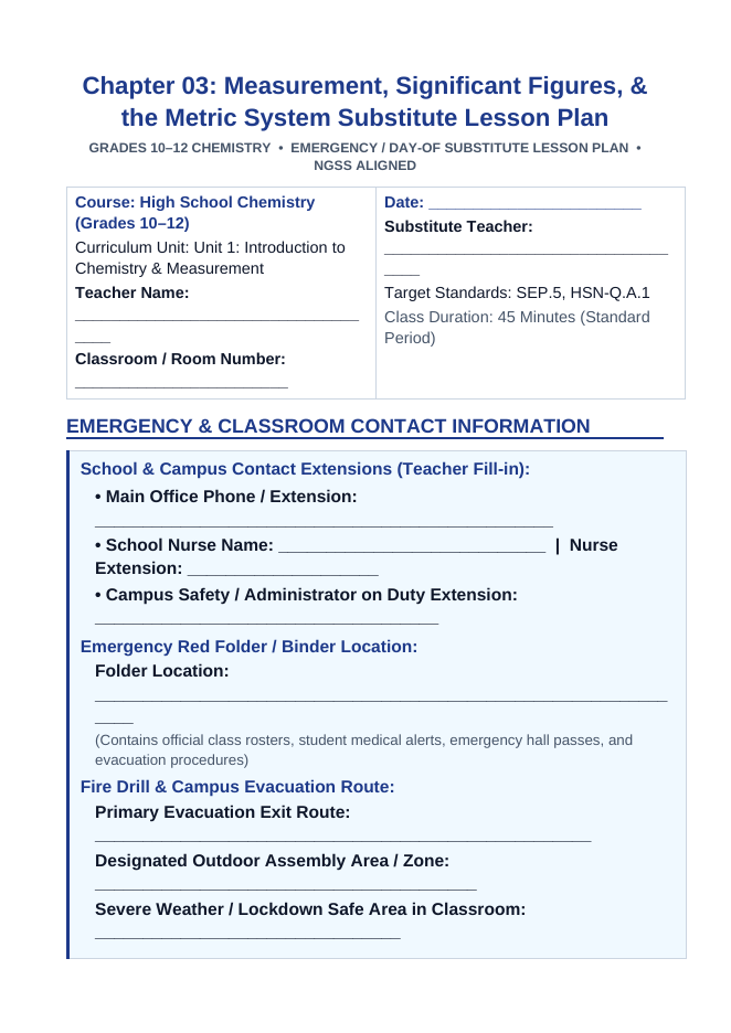 Measurement, Significant Figures, & the Metric System Substitute Lesson Plan sample page