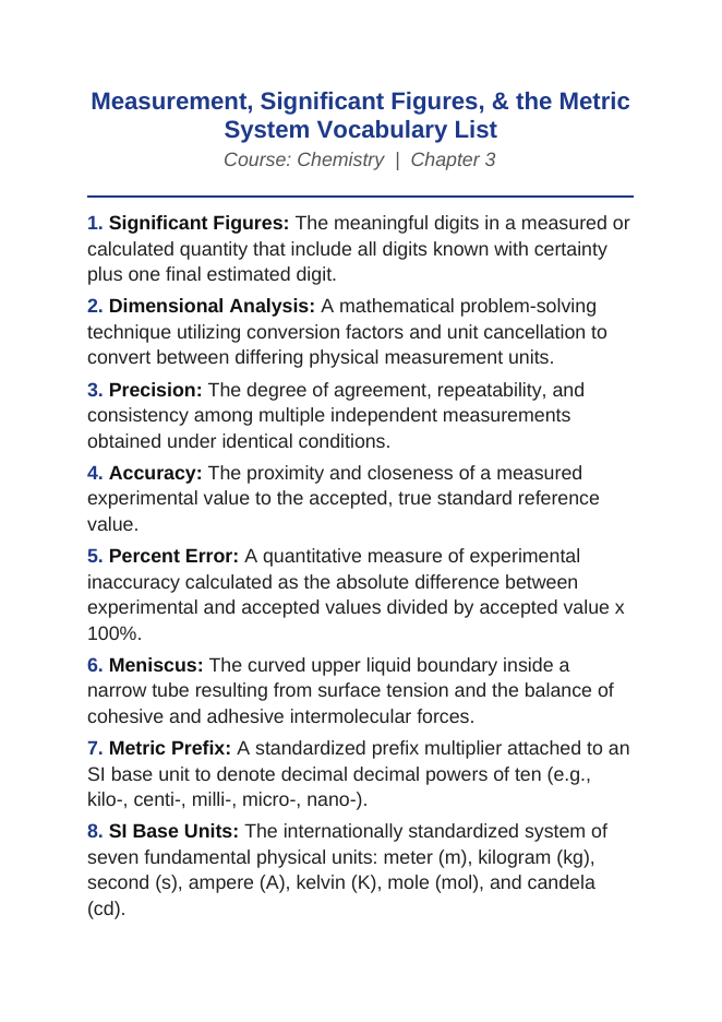 Measurement, Significant Figures, & the Metric System Vocabulary Words & Definitions sample page