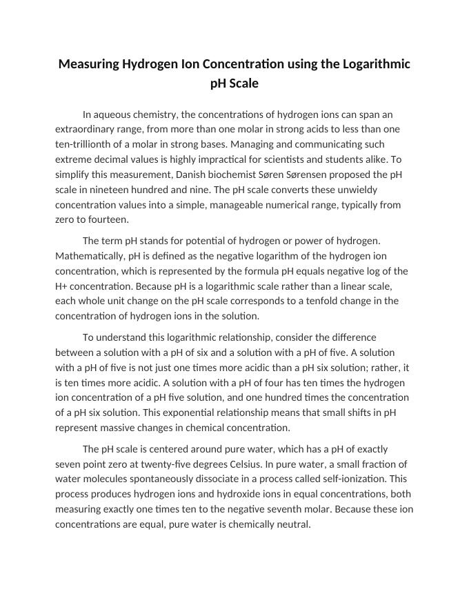 Measuring Hydrogen Ion Concentration using the Logarithmic pH Scale Reading Worksheet sample page