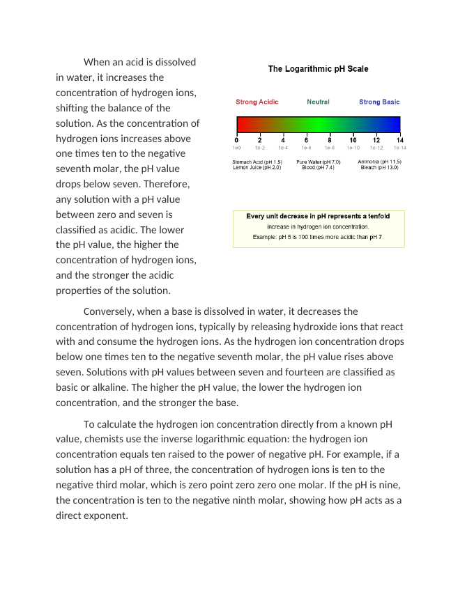 Measuring Hydrogen Ion Concentration using the Logarithmic pH Scale Reading Worksheet sample page