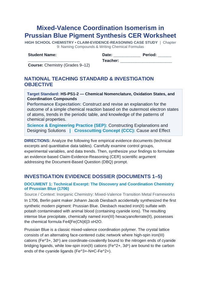 Mixed-Valence Coordination Isomerism in Prussian Blue Pigment Synthesis CER Phenomena Worksheet sample page