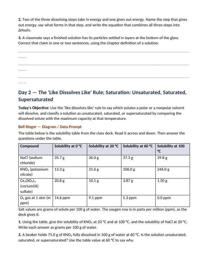 Mixtures, Solutions, & Solubility Bell Ringers & Exit Tickets sample page