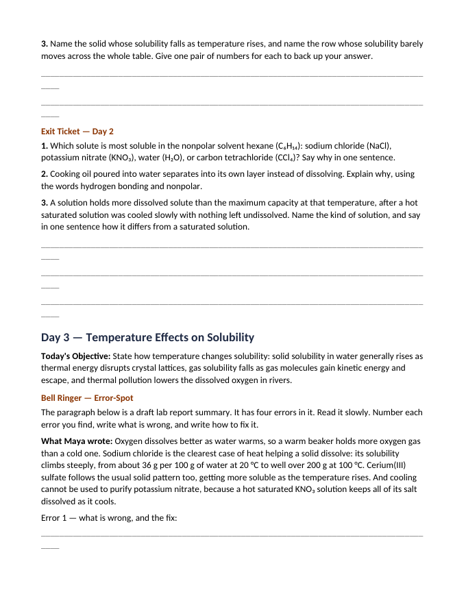 Mixtures, Solutions, & Solubility Bell Ringers & Exit Tickets sample page