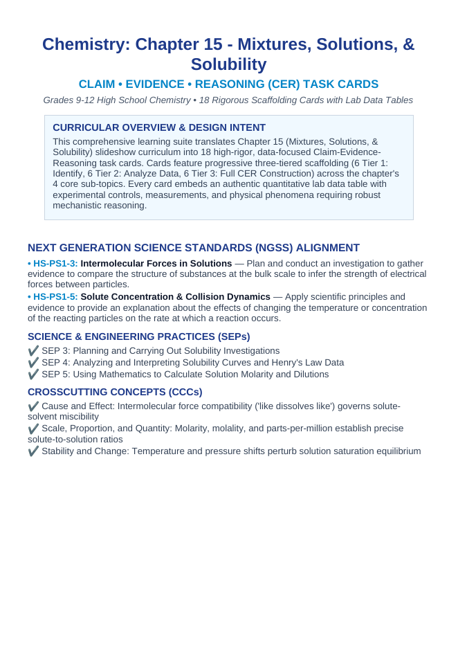Mixtures, Solutions, & Solubility CER Task Cards sample page