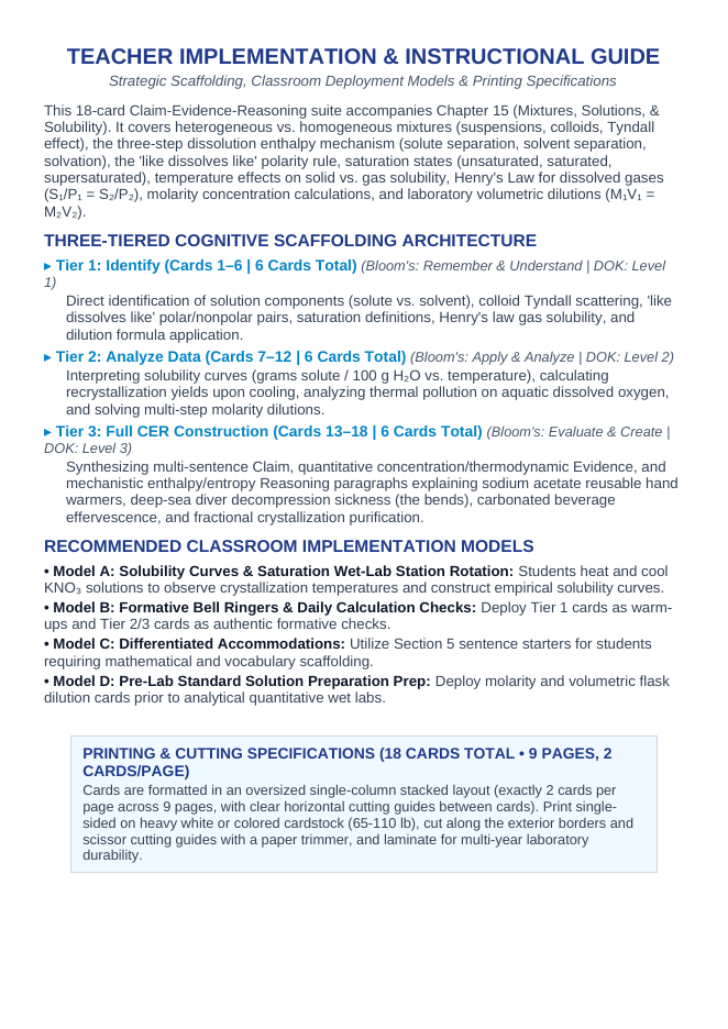 Mixtures, Solutions, & Solubility CER Task Cards sample page