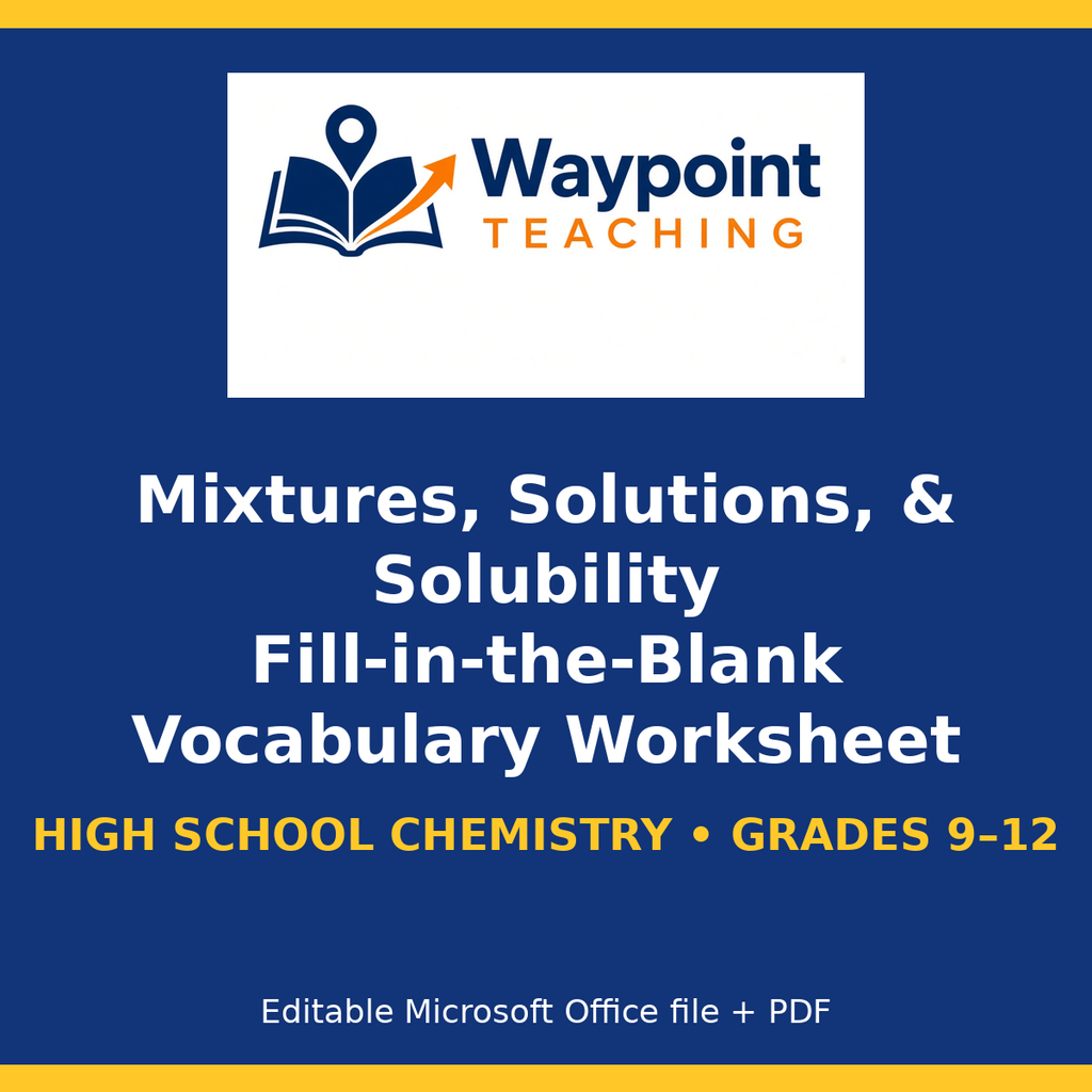 Mixtures, Solutions, & Solubility Fill-in-the-Blank Vocabulary Worksheet cover