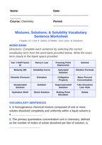 Mixtures, Solutions, & Solubility Fill-in-the-Blank Vocabulary Worksheet sample page