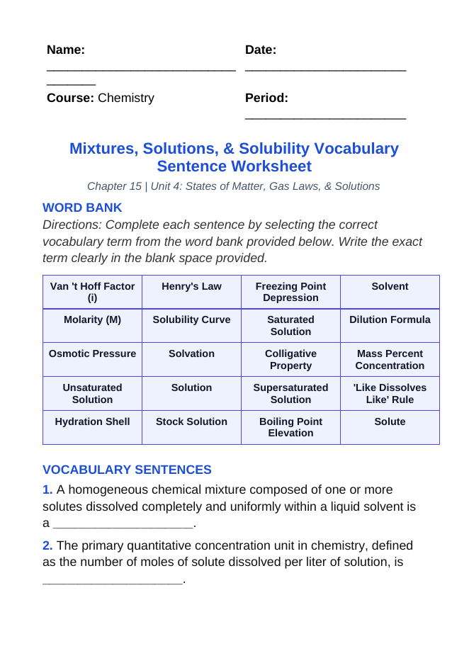 Mixtures, Solutions, & Solubility Fill-in-the-Blank Vocabulary Worksheet sample page
