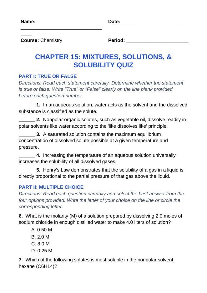 Mixtures, Solutions, & Solubility Lesson Quiz sample page