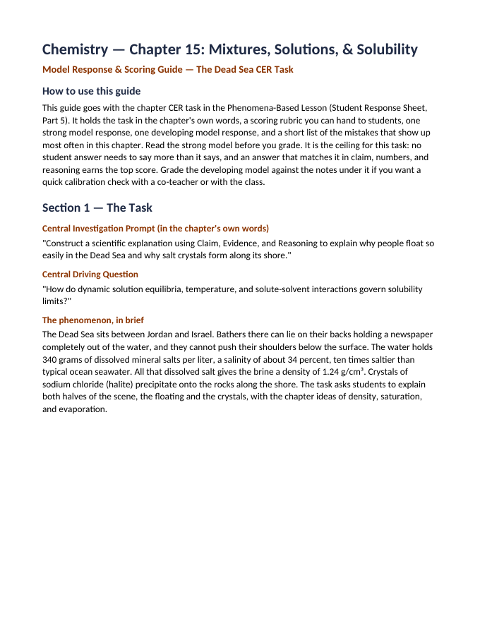 Mixtures, Solutions, & Solubility Model Response & Scoring Guide sample page
