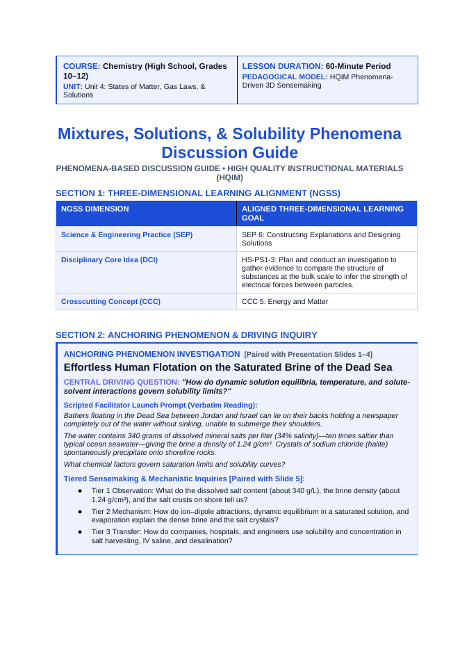 Mixtures, Solutions, & Solubility Phenomena-Based Lesson: Effortless Human Flotation on the Saturated Brine of the Dead Sea Teacher Discussion Guide sample page