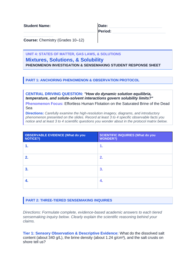 Mixtures, Solutions, & Solubility Phenomena-Based Lesson: Effortless Human Flotation on the Saturated Brine of the Dead Sea Student Response Sheet sample page