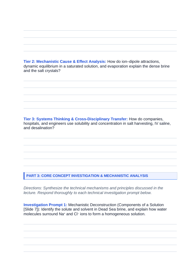 Mixtures, Solutions, & Solubility Phenomena-Based Lesson: Effortless Human Flotation on the Saturated Brine of the Dead Sea Student Response Sheet sample page