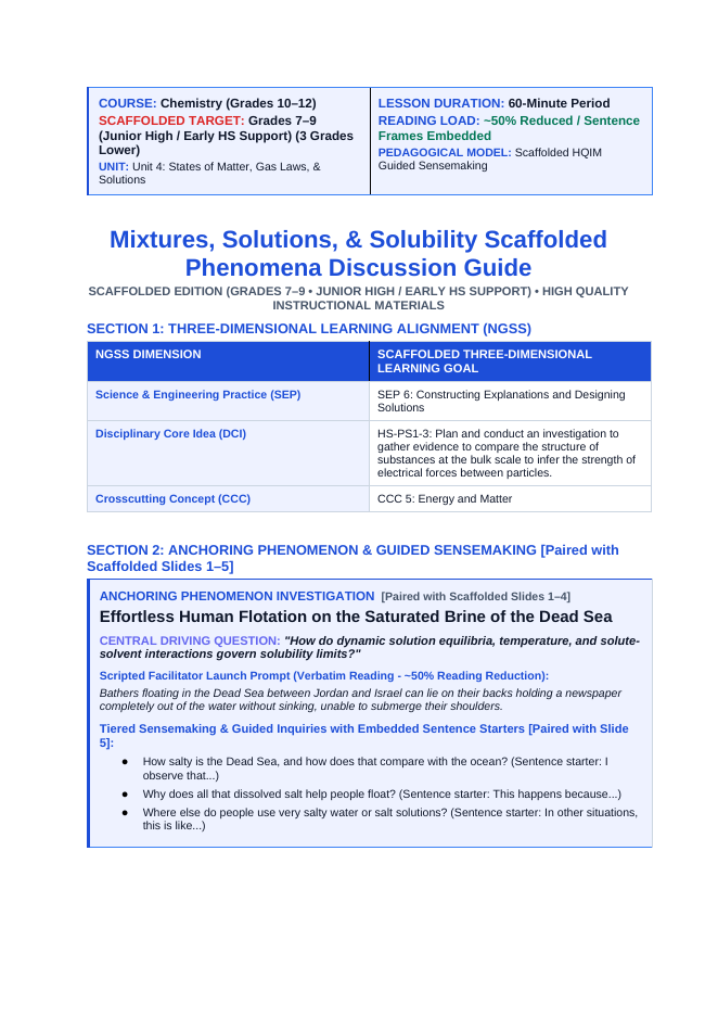 Mixtures, Solutions, & Solubility Scaffolded Phenomena-Based Lesson: Effortless Human Flotation on the Saturated Brine of the Dead Sea Teacher Discussion Guide sample page