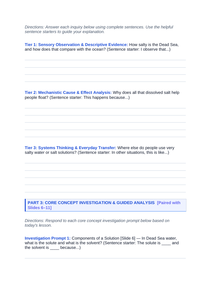 Mixtures, Solutions, & Solubility Scaffolded Phenomena-Based Lesson: Effortless Human Flotation on the Saturated Brine of the Dead Sea Student Response Sheet sample page