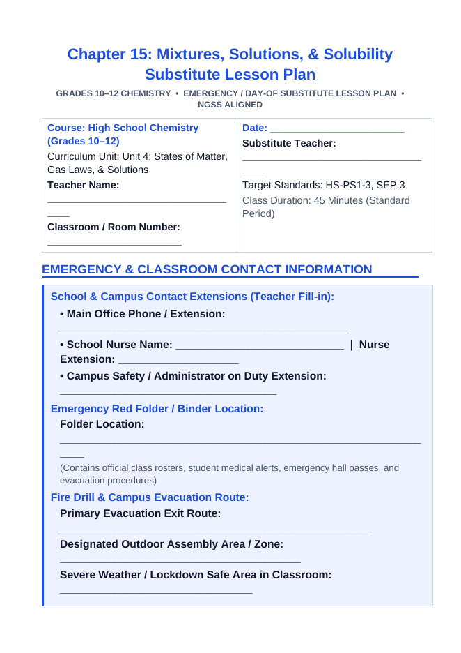 Mixtures, Solutions, & Solubility Substitute Lesson Plan sample page