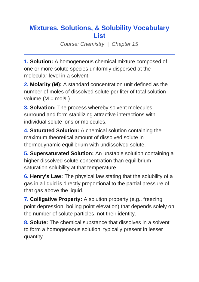 Mixtures, Solutions, & Solubility Vocabulary Words & Definitions sample page