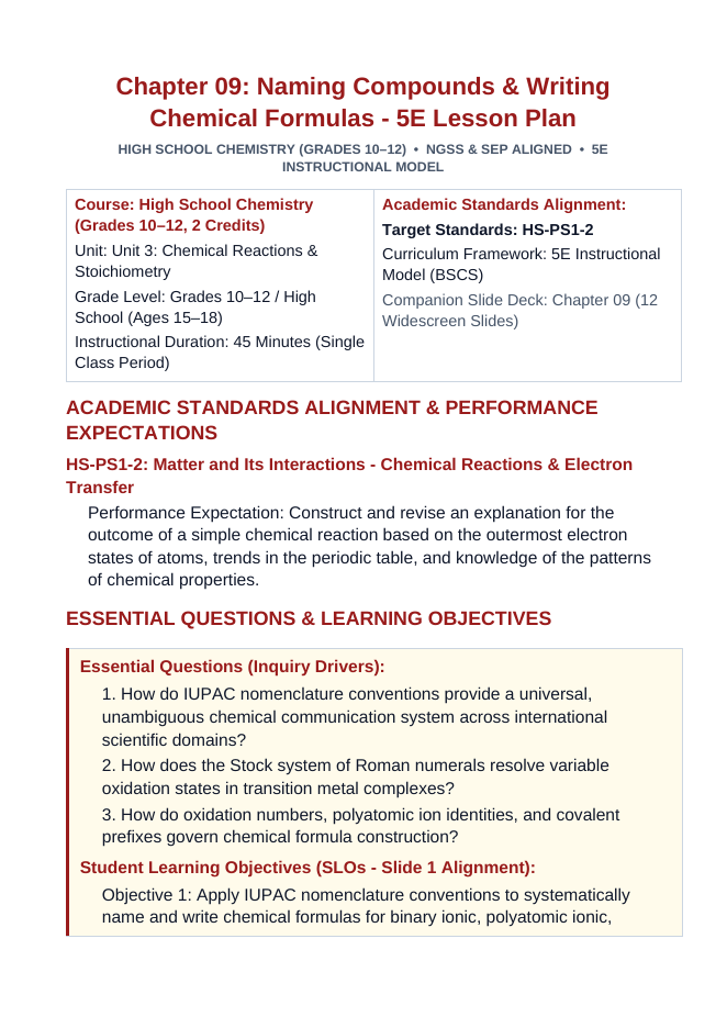 Naming Compounds & Writing Chemical Formulas 5E Lesson Plan sample page