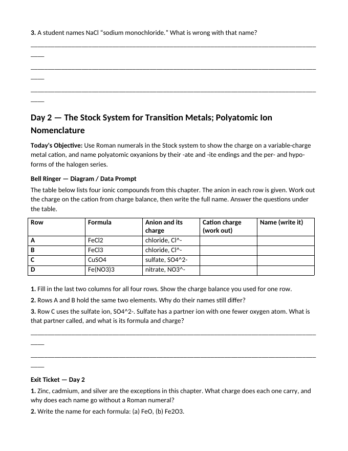 Naming Compounds & Writing Chemical Formulas Bell Ringers & Exit Tickets sample page