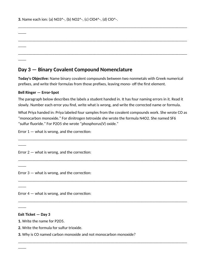 Naming Compounds & Writing Chemical Formulas Bell Ringers & Exit Tickets sample page