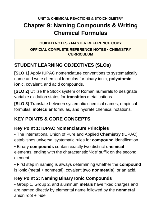 Naming Compounds & Writing Chemical Formulas Guided Notes sample page