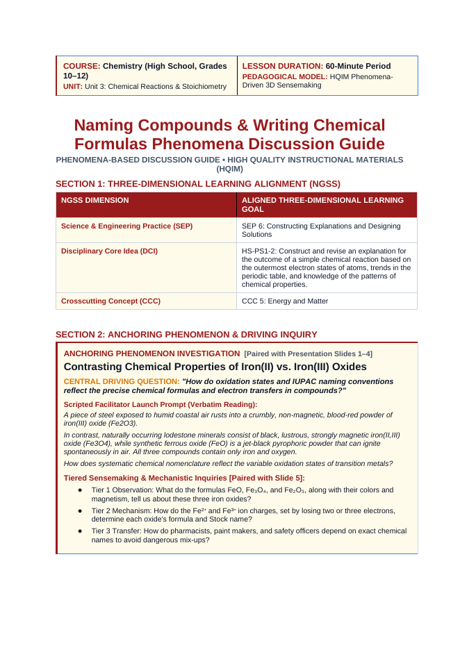 Naming Compounds & Writing Chemical Formulas Phenomena-Based Lesson: Contrasting Chemical Properties of Iron(II) vs. Iron(III) Oxides Teacher Discussion Guide sample page