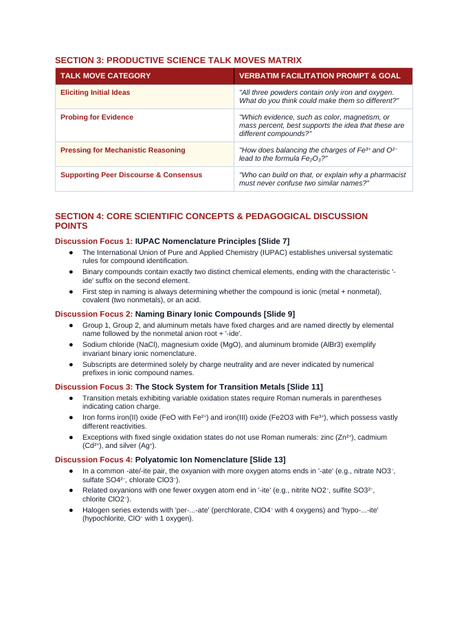Naming Compounds & Writing Chemical Formulas Phenomena-Based Lesson: Contrasting Chemical Properties of Iron(II) vs. Iron(III) Oxides Teacher Discussion Guide sample page