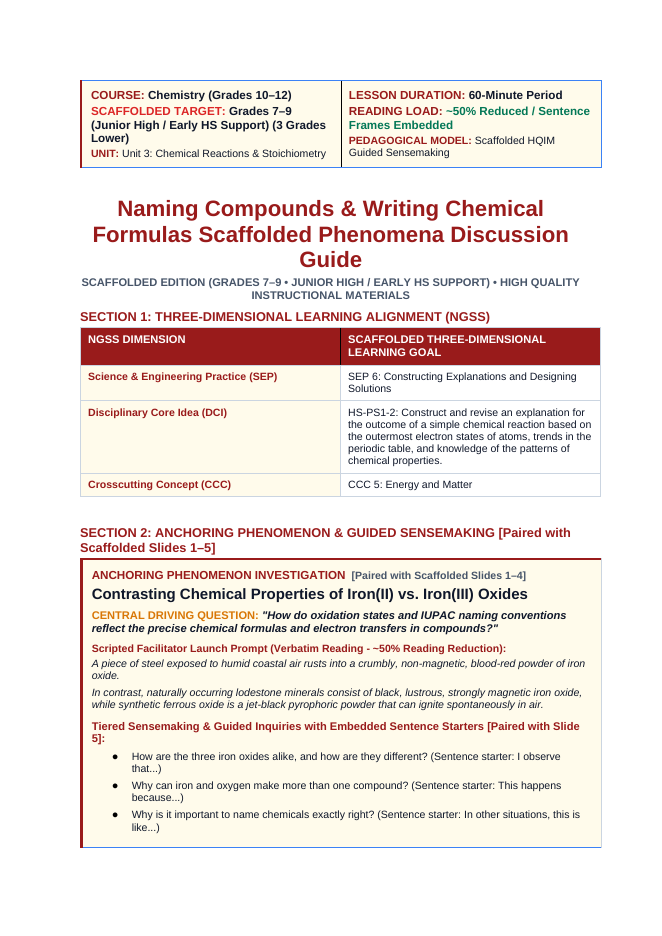 Naming Compounds & Writing Chemical Formulas Scaffolded Phenomena-Based Lesson: Contrasting Chemical Properties of Iron(II) vs. Iron(III) Oxides Teacher Discussion Guide sample page