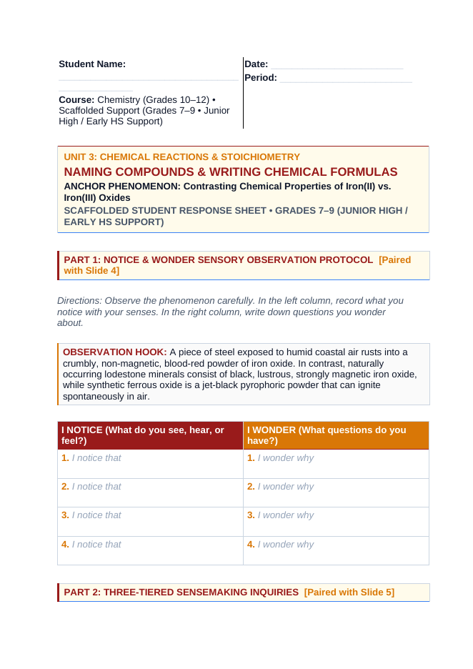 Naming Compounds & Writing Chemical Formulas Scaffolded Phenomena-Based Lesson: Contrasting Chemical Properties of Iron(II) vs. Iron(III) Oxides Student Response Sheet sample page