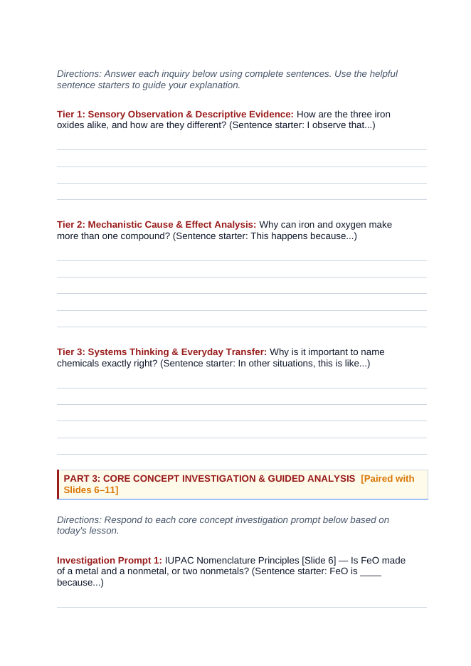 Naming Compounds & Writing Chemical Formulas Scaffolded Phenomena-Based Lesson: Contrasting Chemical Properties of Iron(II) vs. Iron(III) Oxides Student Response Sheet sample page