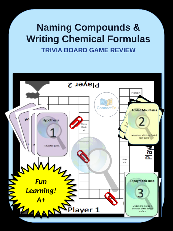 Naming Compounds & Writing Chemical Formulas Trivia Board Game sample page