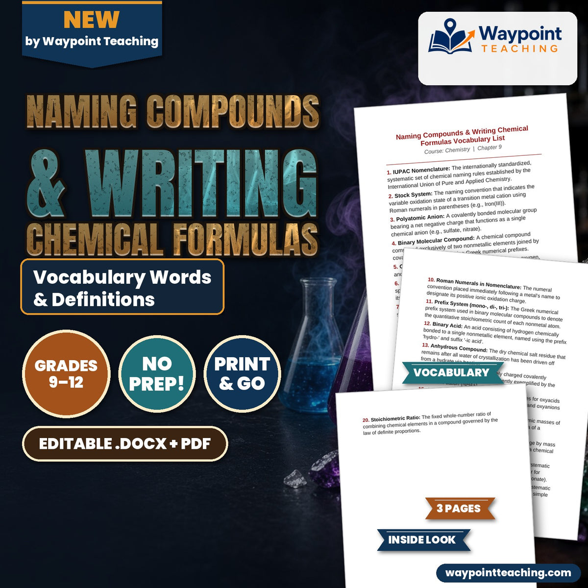 Naming Compounds & Writing Chemical Formulas Vocabulary Words & Definitions cover