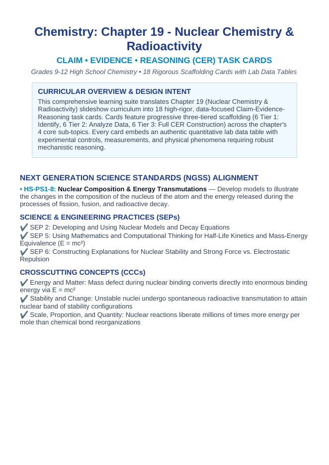 Nuclear Chemistry & Radioactivity CER Task Cards sample page