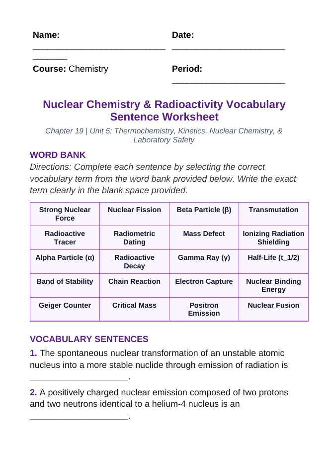 Nuclear Chemistry & Radioactivity Fill-in-the-Blank Vocabulary Worksheet sample page