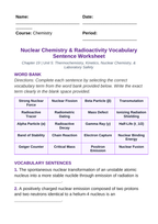 Nuclear Chemistry & Radioactivity Fill-in-the-Blank Vocabulary Worksheet sample page