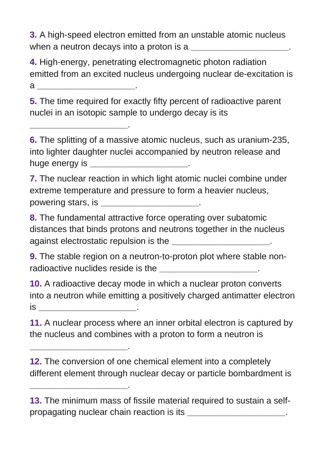 Nuclear Chemistry & Radioactivity Fill-in-the-Blank Vocabulary Worksheet sample page