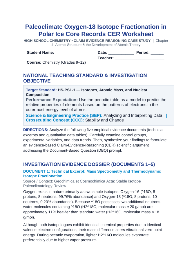 Paleoclimate Oxygen-18 Isotope Fractionation in Polar Ice Core Records CER Phenomena Worksheet sample page