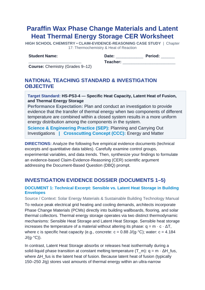 Paraffin Wax Phase Change Materials and Latent Heat Thermal Energy Storage CER Phenomena Worksheet sample page